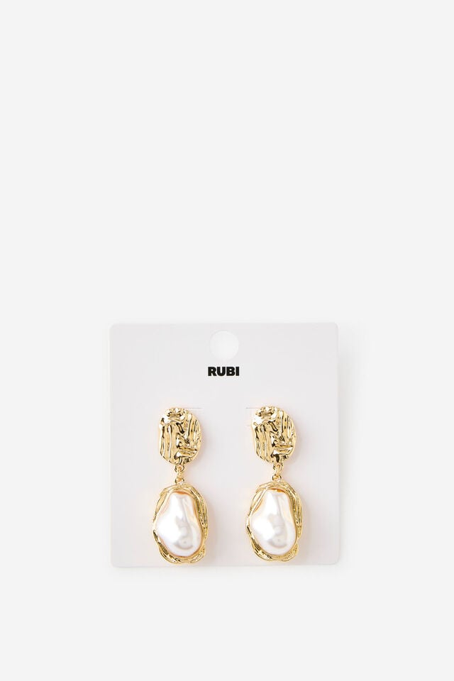 Large Charm Earring, GOLD PEARL BAROQUE DROP