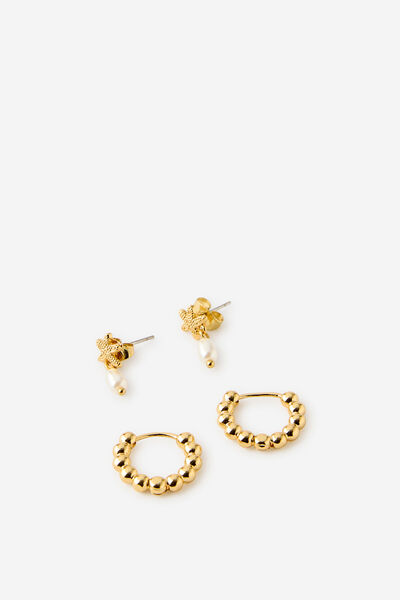 Premium Plated 2Pk Mid Earring, GOLD STARFISH PEARL DROP