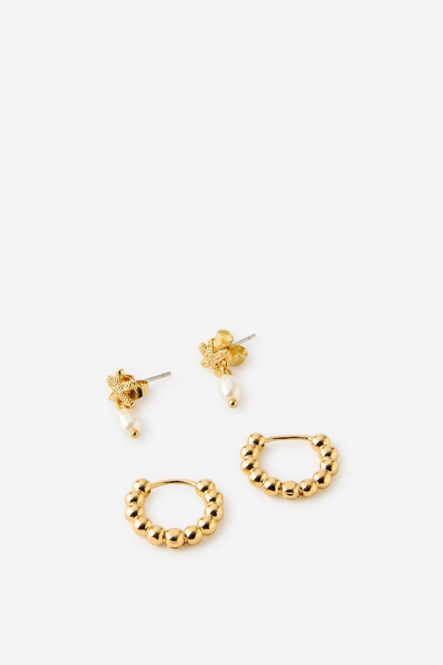 Premium Plated 2Pk Mid Earring, GOLD STARFISH PEARL DROP