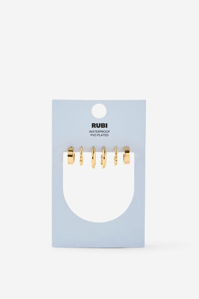 Waterproof 3Pk Mid Earring, GOLD SMOOTH ROPE HOOP