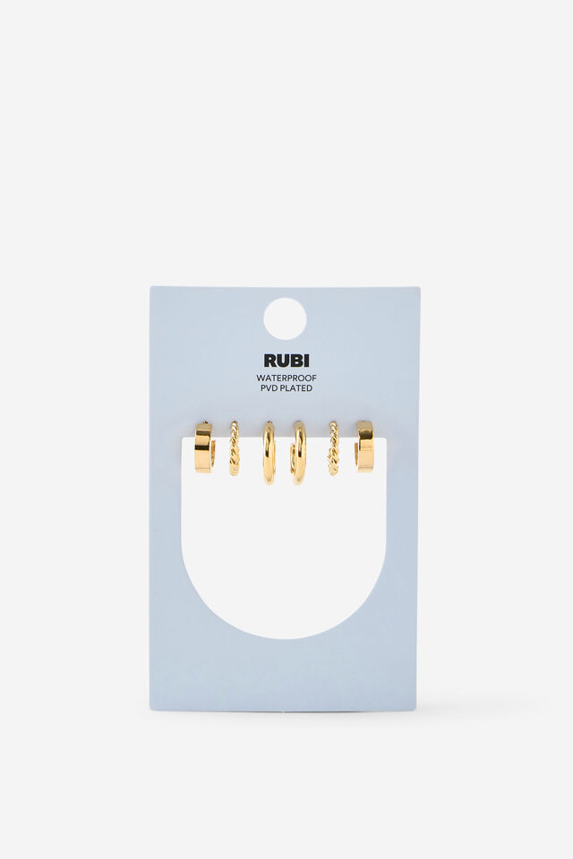 Waterproof 3Pk Mid Earring, GOLD SMOOTH ROPE HOOP