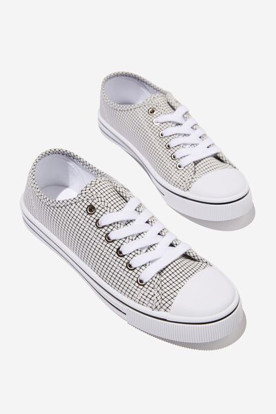 Harlow Lace Up Plimsoll, BLACK WHITE GRID CHECK