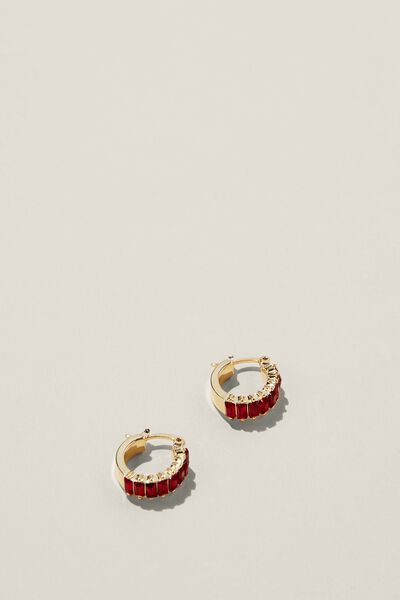 Small Hoop Earring, GOLD PLATED RUBY RED BAGUETTE
