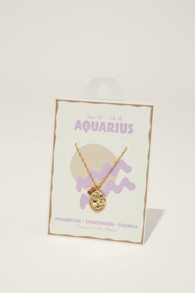 Zodiac Pendant Necklace, GOLD PLATED AQUARIUS