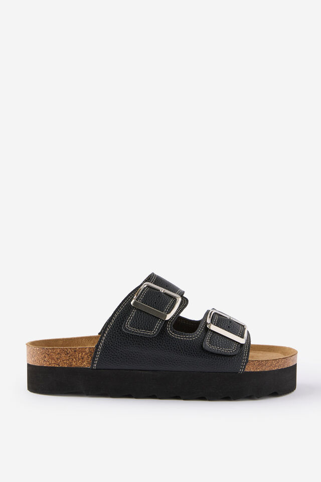Rex Flatform Buckle Slide, BLACK PEBBLED PU