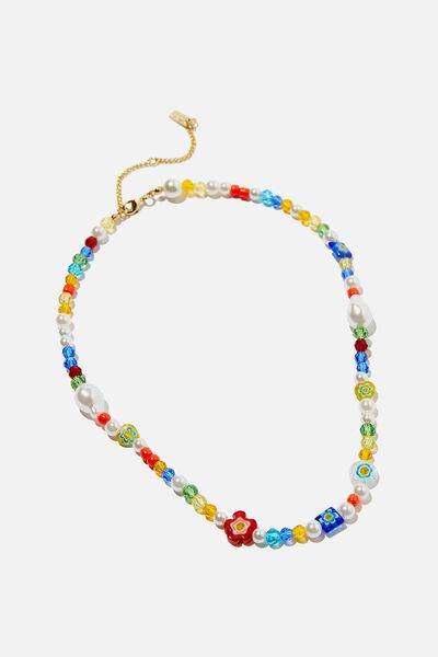 Premium Beaded Necklace Gold Plated, GOLD PLATED PEARL MURANO FLOWER