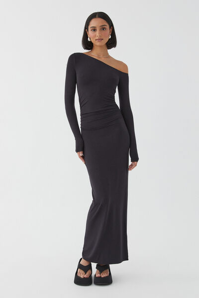 Soft Ruched Long Sleeve Maxi Dress, BLACK