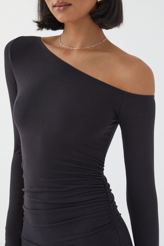 Soft Ruched Long Sleeve Maxi Dress, BLACK