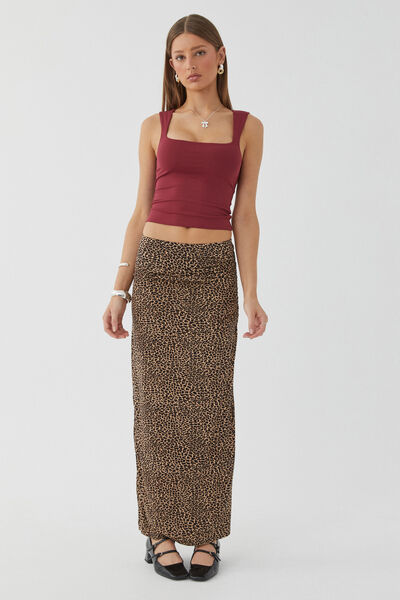 Soft Ruched Split Maxi Skirt, NINA LEOPARD BROWN