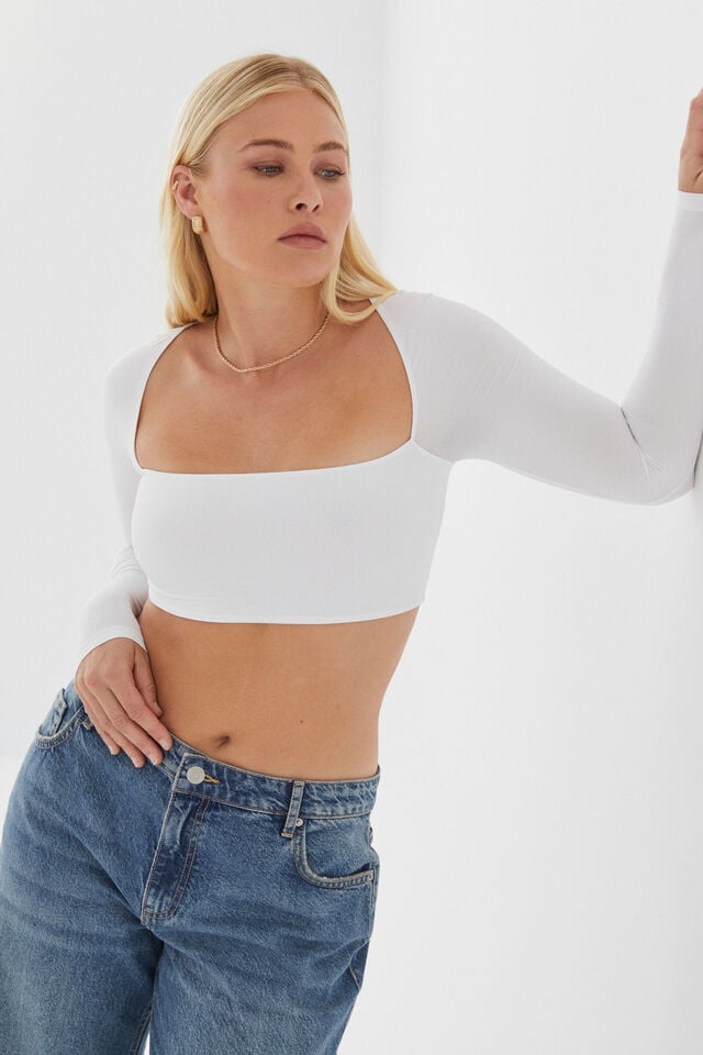 Light Luxe Long Sleeve Crop Top, WHITE