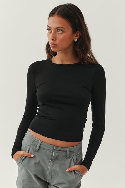 Miley Long Sleeve Fitted Top, BLACK