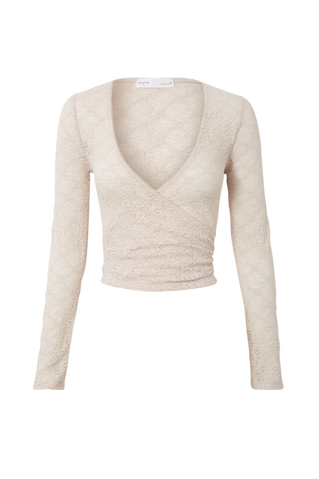 Macy Long Sleeve Lace Wrap Top, NUDE ALMOND