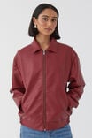 Faux Leather Collared Bomber Jacket, CHERRY RED - alternate image 4