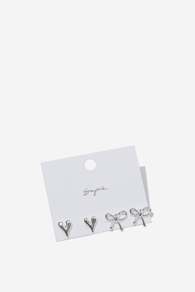 Bow & Heart Earring Pack, SILVER