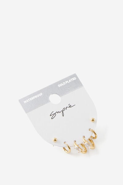 Waterproof Earring Stack, GOLD/EMERALD STONE HOOP