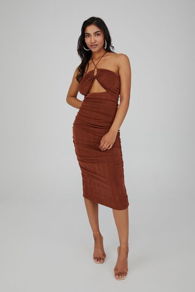 Jasmine Strappy Ruched Midi Dress, BURNT BUTTER