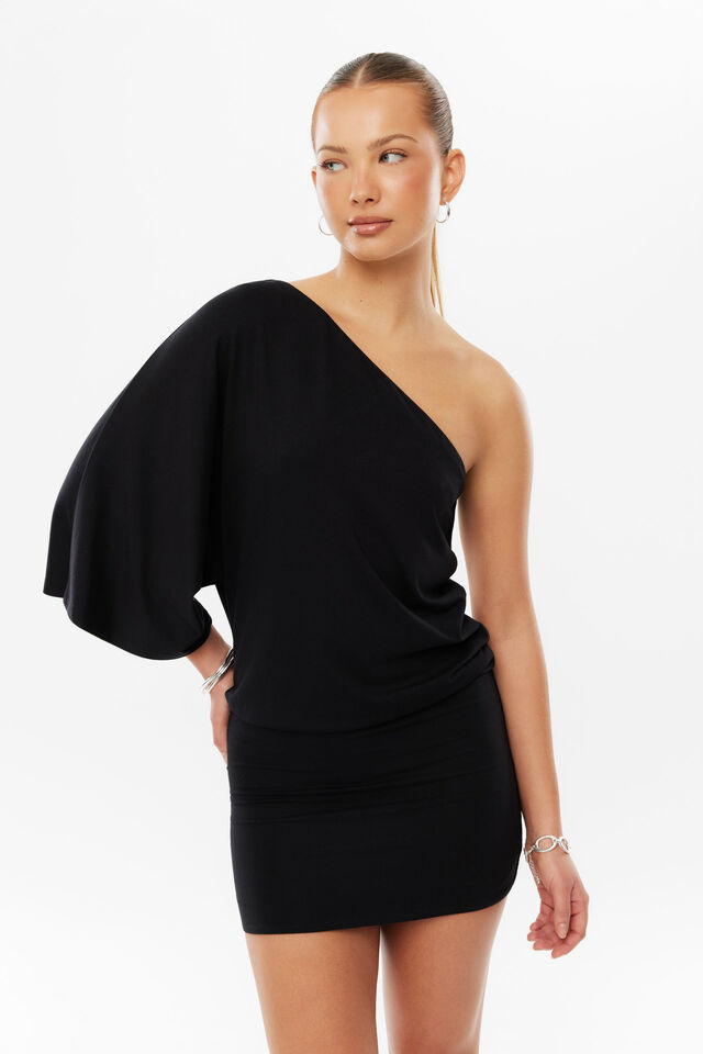 Soft Kimberly One Shoulder Mini Dress, BLACK