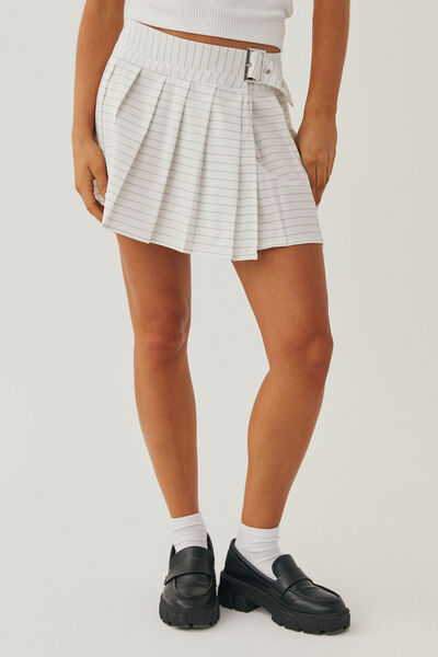 Jen Pleated Mini Skirt, WHITE/CEMENT GREY PIN STRIPE