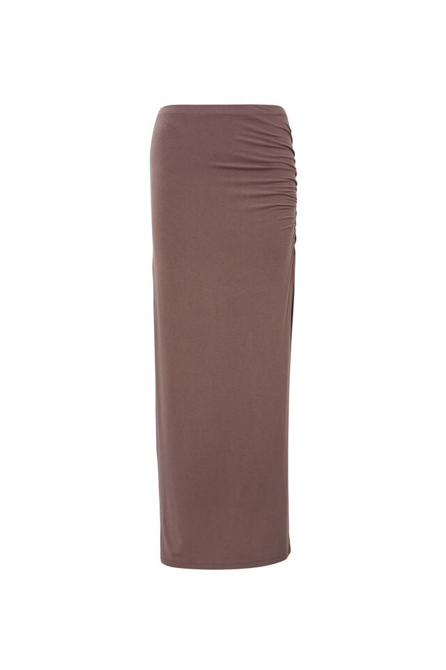 Soft Ruched Split Maxi Skirt, BROWN CAROB