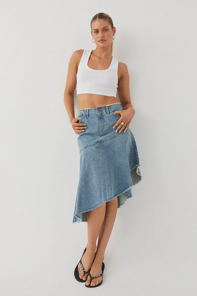 Asymmetrical Denim Midi Skirt, BYRON BLUE