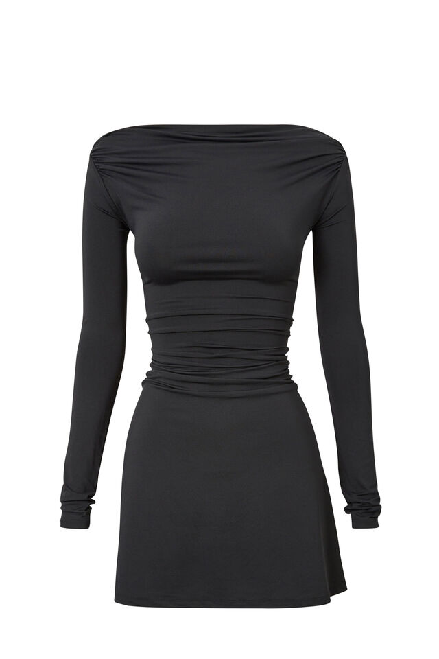 Catie Long Sleeve Ruched Mini Dress, BLACK