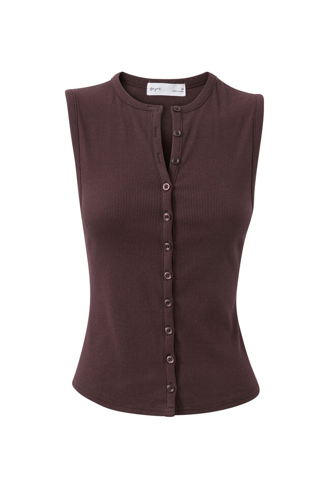 Lexy Rib Button Through Tank, DEEP CHOC