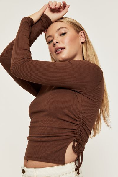 London Long Sleeve Ruched Top, CHOC TOP