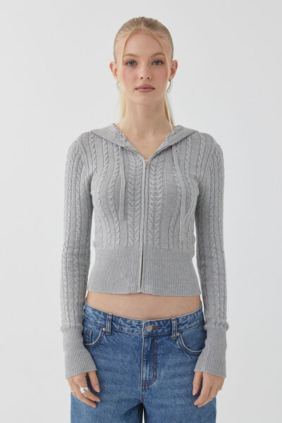 Starlette Zip Through Cable Knit, GREY MARLE