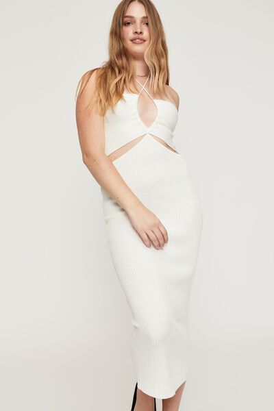 Tayla Halter Knit Dress, WHITE