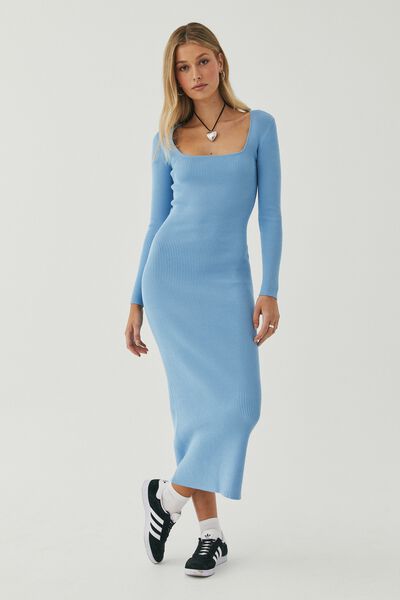 Knitted Long Sleeve Midi Dress, CALI BLUE