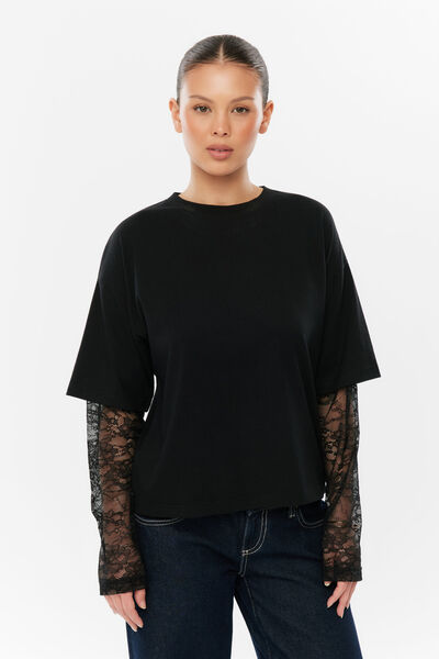 Jodie Layered Long Sleeve Top, BLACK