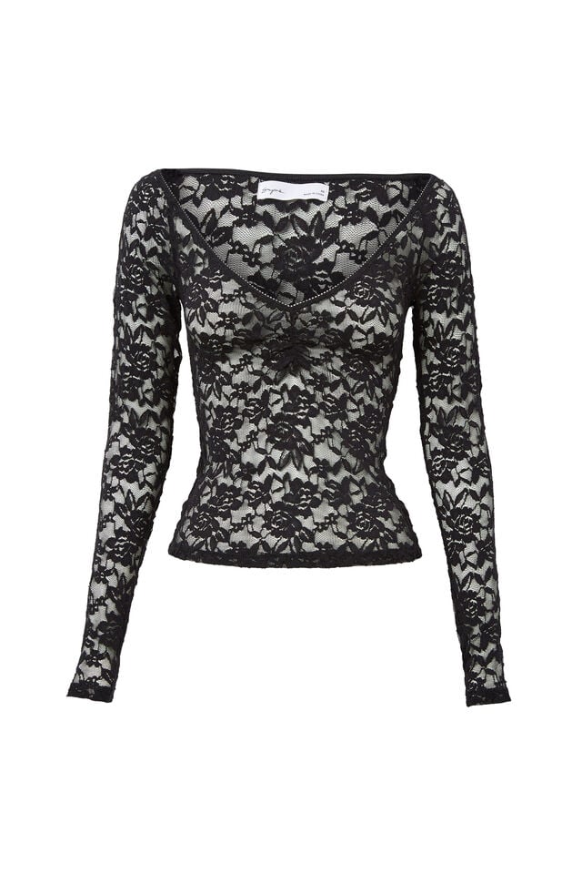 Annie Lace Long Sleeve Top, BLACK
