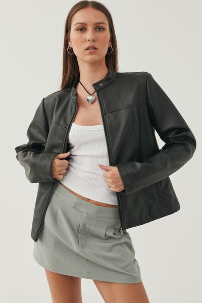 Gracie Vegan Leather Moto Jacket, BLACK