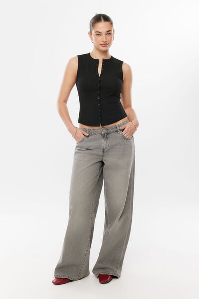 Lexy Rib Button Through Tank, BLACK
