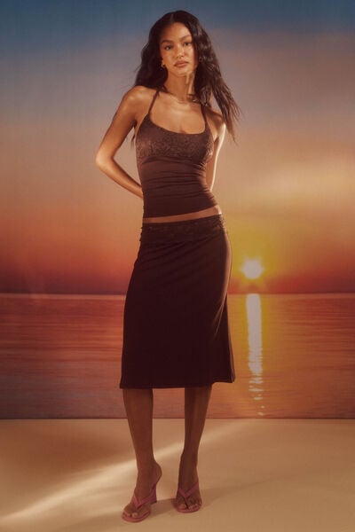 Smooth Natalie Lace Midi Skirt, GLAZE BROWN