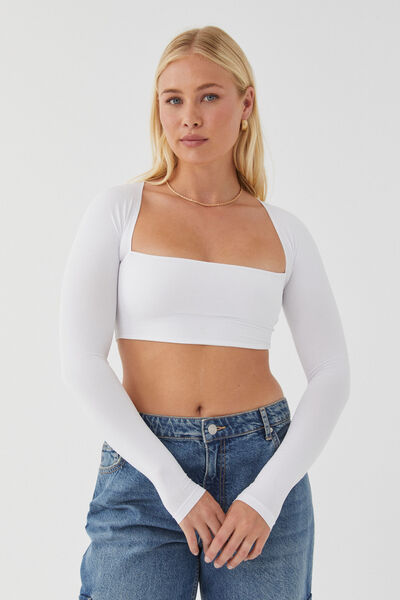 Light Luxe Long Sleeve Crop Top, WHITE
