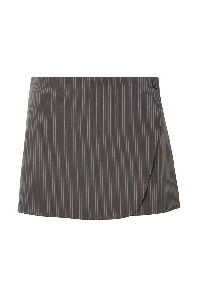 Carli Wrap Tailored Mini Skirt, CHROME GREY PINSTRIPE