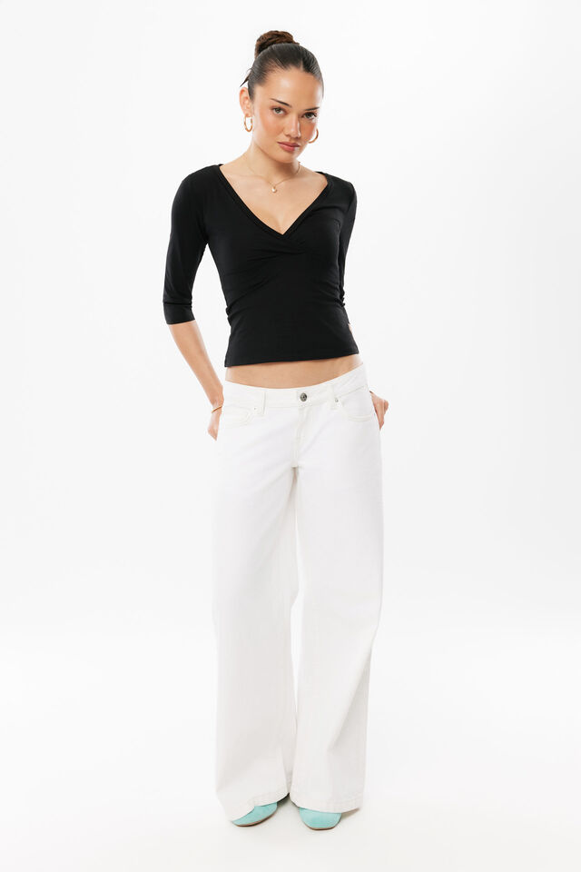 Vera V Neck 3/4 Sleeve Top, BLACK