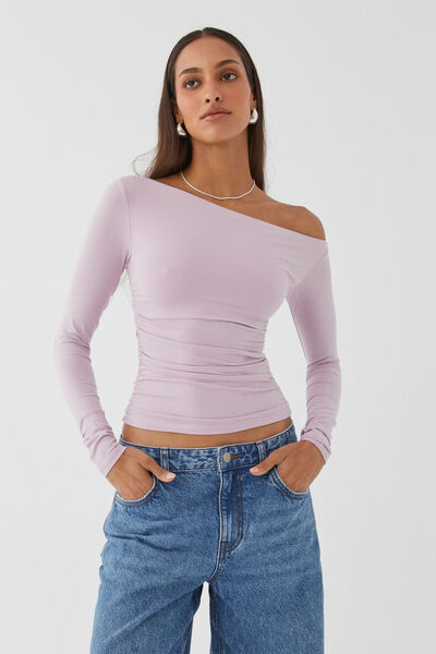 Soft Long Sleeve Off Shoulder Top, MUTED ORCHID