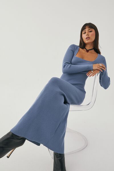Knitted Long Sleeve Midi Dress, DENIM BLUE