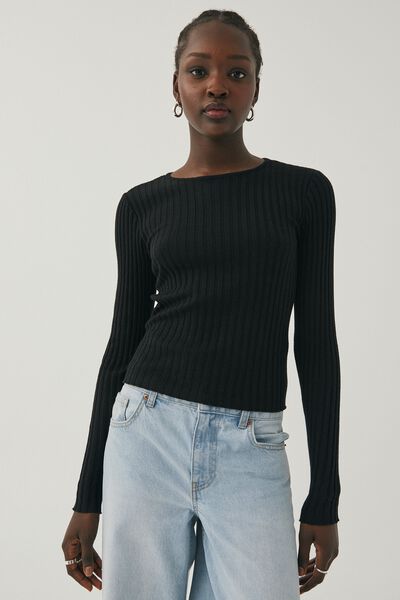 Sophia Long Sleeve Knit Top, BLACK