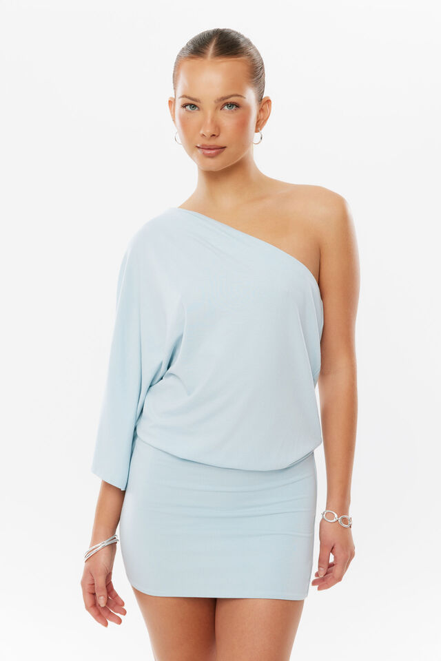 Soft Kimberly One Shoulder Mini Dress, AQUA GLIMMER