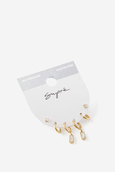 Waterproof Earring Stack, GOLD/DIAMANTE DROP HOOP