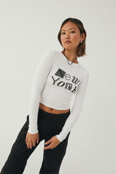 Lenny Graphic Long Sleeve Top, WHITE/NY COLLAGE LETTERS