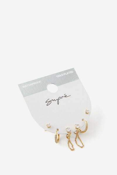 Waterproof Earring Stack, GOLD/CHAIN HOOPS
