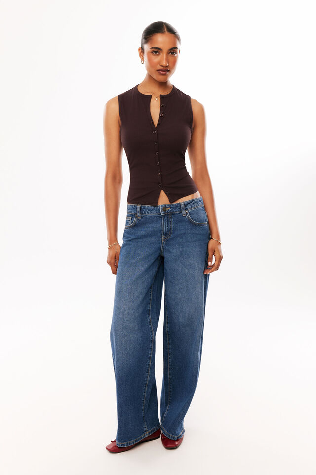 Lexy Rib Button Through Tank, DEEP CHOC