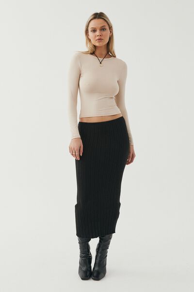 Reese Low Rise Knit Maxi Skirt, BLACK