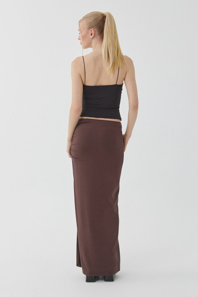 Soft Ruched Split Maxi Skirt, ESPRESSO BROWN