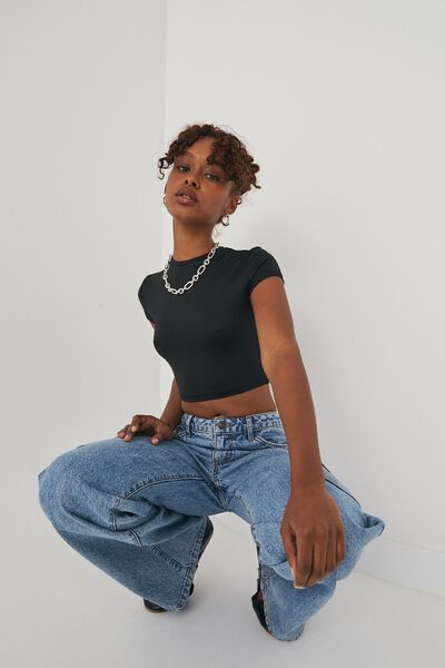 Luxe Cropped Short Sleeve Top, BLACK