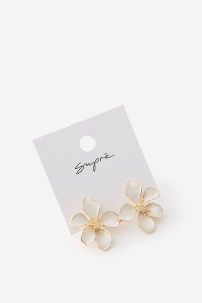 Earring Single Pack, GOLD/WHITE HIBISCUS